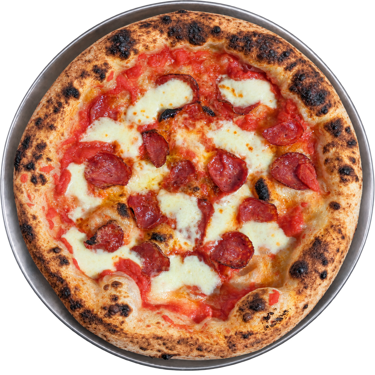 Our cacciatore salame pizza on its steel tray